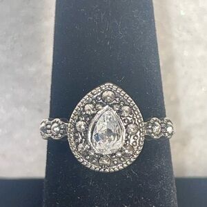 Silver Tone Teardrop Halo Crystal Ring